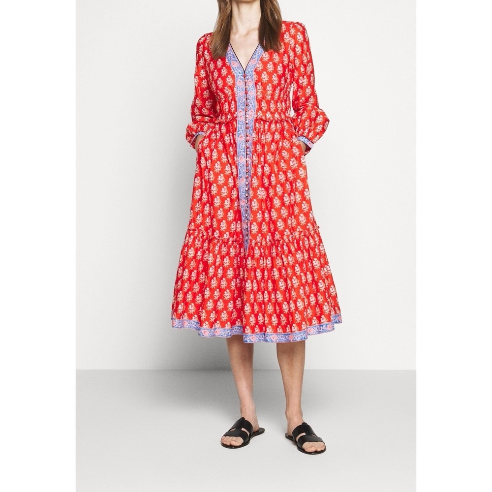 J.Crew 100% Cotton Tiered Floral Midi Dress Cerise Cove Sz 00 Resort Vacation - Picture 6 of 16